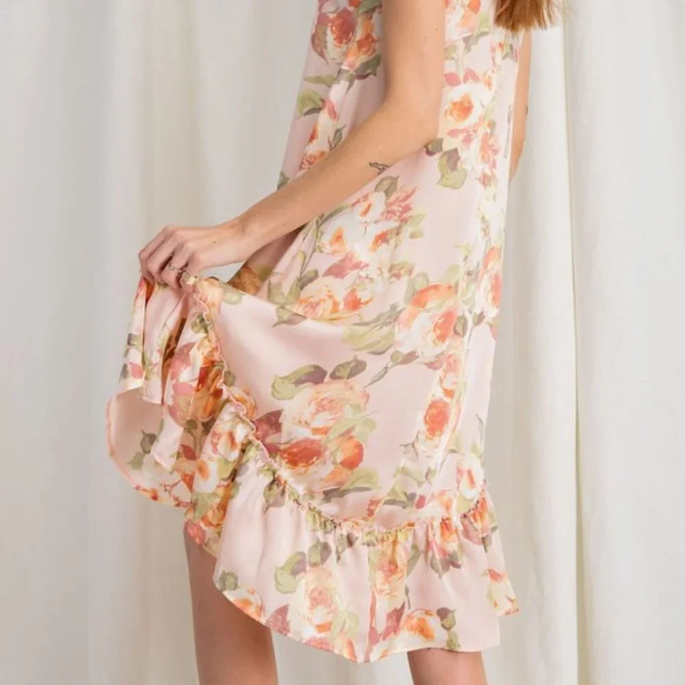 Easel Peach Hi Low Floral Print Cami Dress S NWT Ruffle Romantic Dreamy - Picture 8 of 10